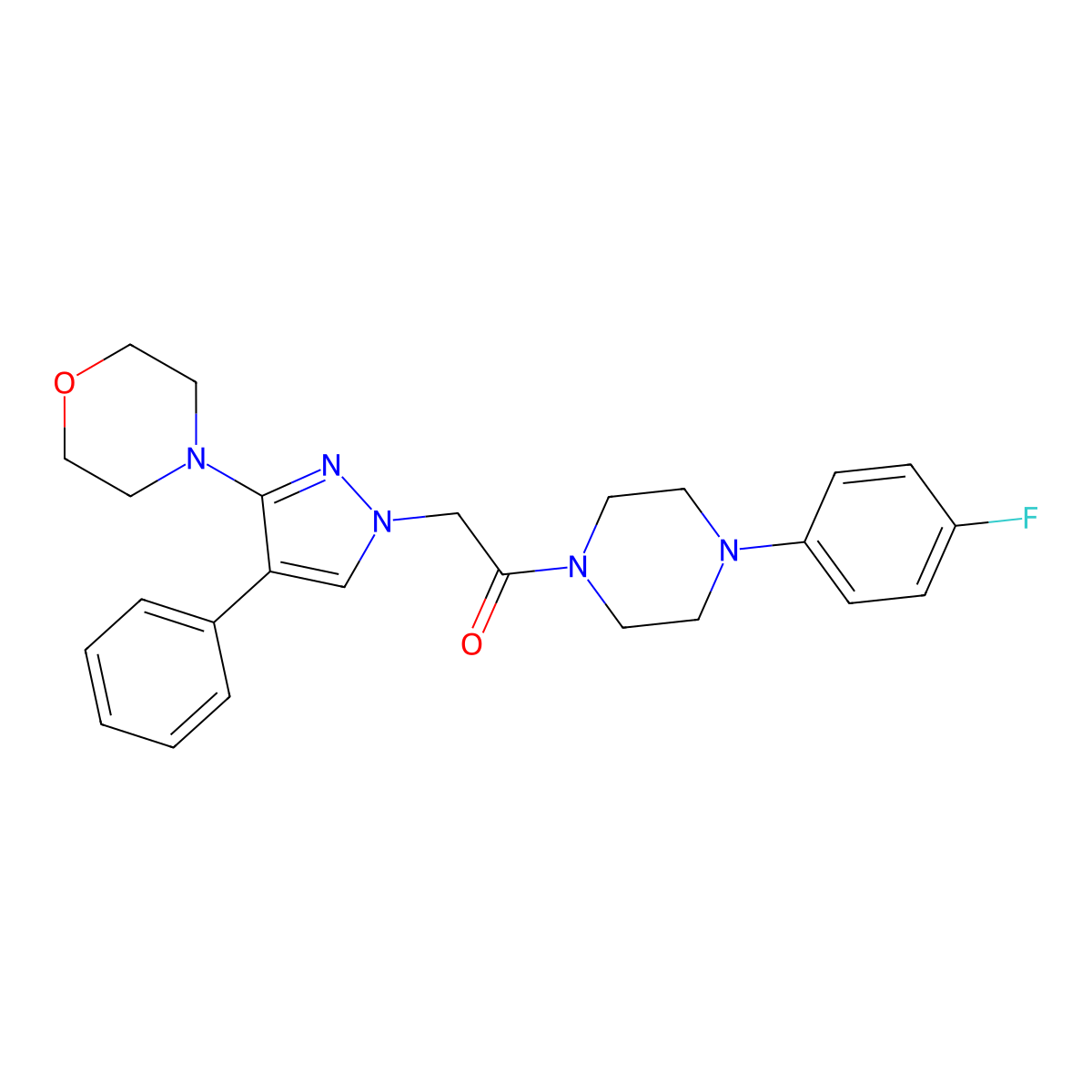 1-(4-(4-fluorophenyl)piperazin-1-yl)-2-(3-morpholino-4-phenyl-1H-pyrazol-1-yl)ethanone molecular structure, CAS 1189672-46-5