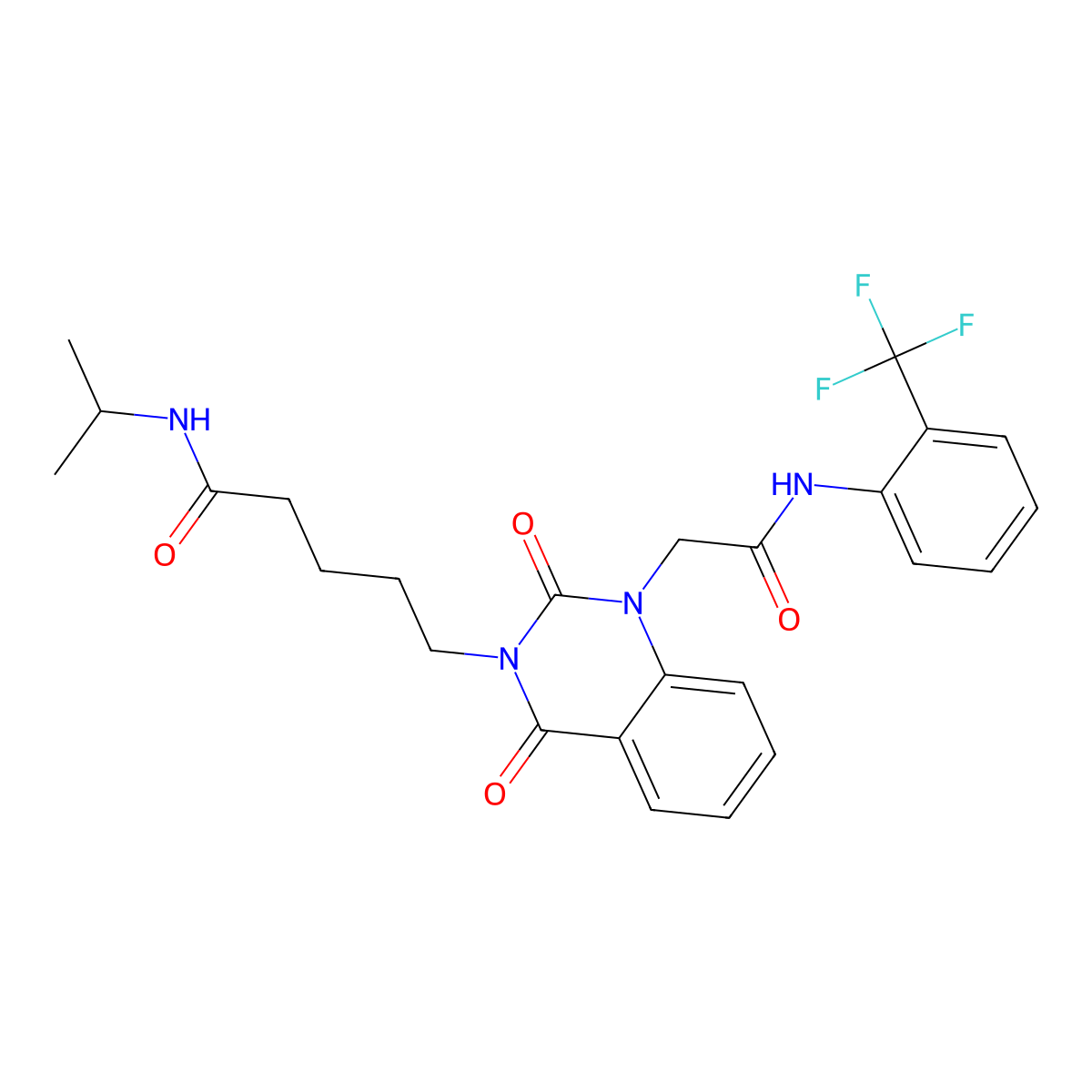 5-(2,4-dioxo-1-(2-oxo-2-((2-(trifluoromethyl)phenyl)amino)ethyl)-1,2-dihydroquinazolin-3(4H)-yl)-N-isopropylpentanamide molecular structure, CAS 1189674-81-4