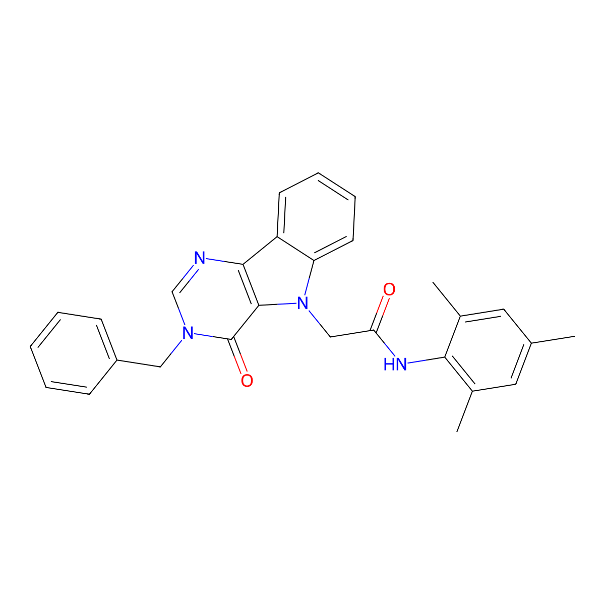 2-(3-benzyl-4-oxo-3,4-dihydro-5H-pyrimido[5,4-b]indol-5-yl)-N-(2,4,6-trimethylphenyl)acetamide molecular structure, CAS 1189675-79-3