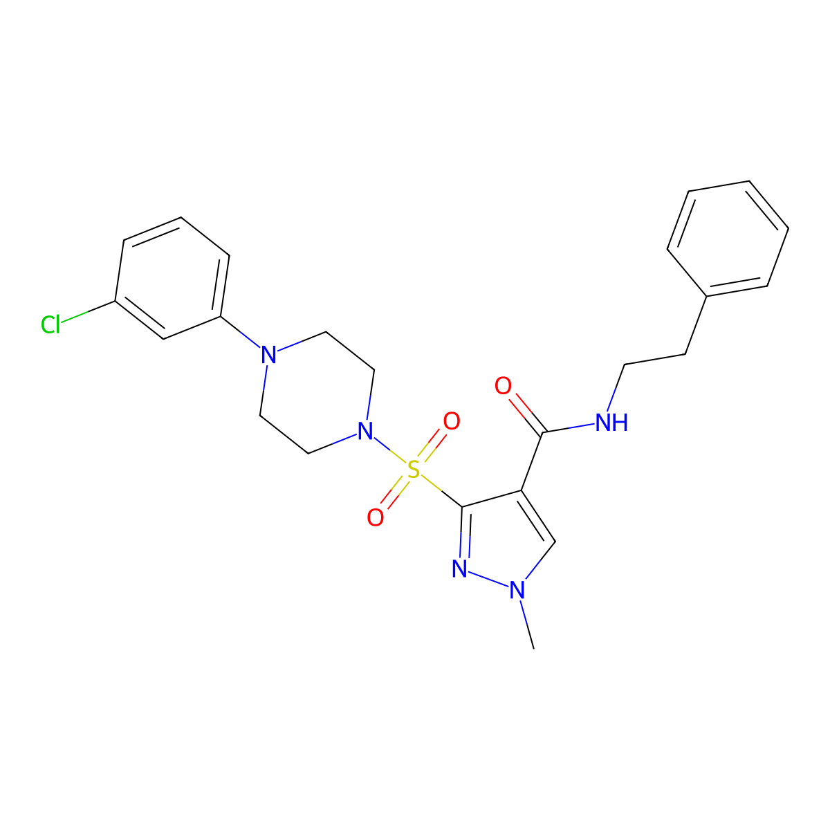 3-{[4-(3-chlorophenyl)piperazin-1-yl]sulfonyl}-1-methyl-N-(2-phenylethyl)-1H-pyrazole-4-carboxamide molecular structure, CAS 1189677-42-6