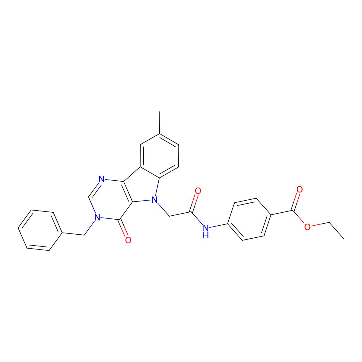 ethyl 4-(2-(3-benzyl-8-methyl-4-oxo-3H-pyrimido[5,4-b]indol-5(4H)-yl)acetamido)benzoate molecular structure, CAS 1189678-76-9
