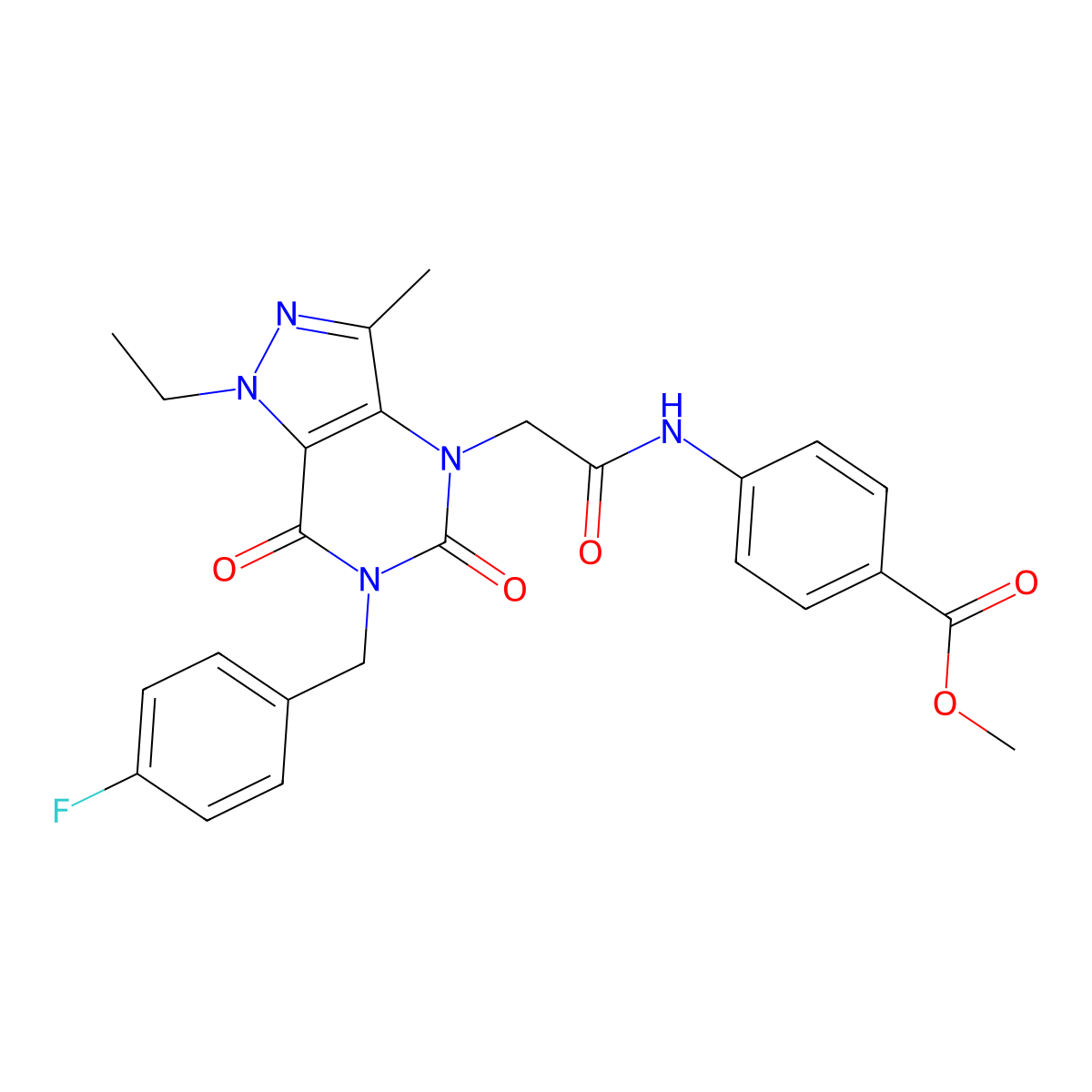 methyl 4-(2-(1-ethyl-6-(4-fluorobenzyl)-3-methyl-5,7-dioxo-6,7-dihydro-1H-pyrazolo[4,3-d]pyrimidin-4(5H)-yl)acetamido)benzoate molecular structure, CAS 1189680-21-4