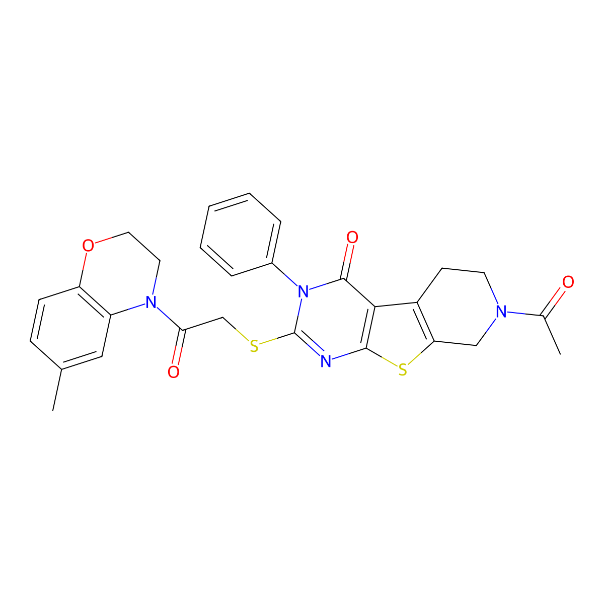 7-acetyl-2-((2-(6-methyl-2H-benzo[b][1,4]oxazin-4(3H)-yl)-2-oxoethyl)thio)-3-phenyl-5,6,7,8-tetrahydropyrido[4',3':4,5]thieno[2,3-d]pyrimidin-4(3H)-one molecular structure, CAS 1189680-72-5