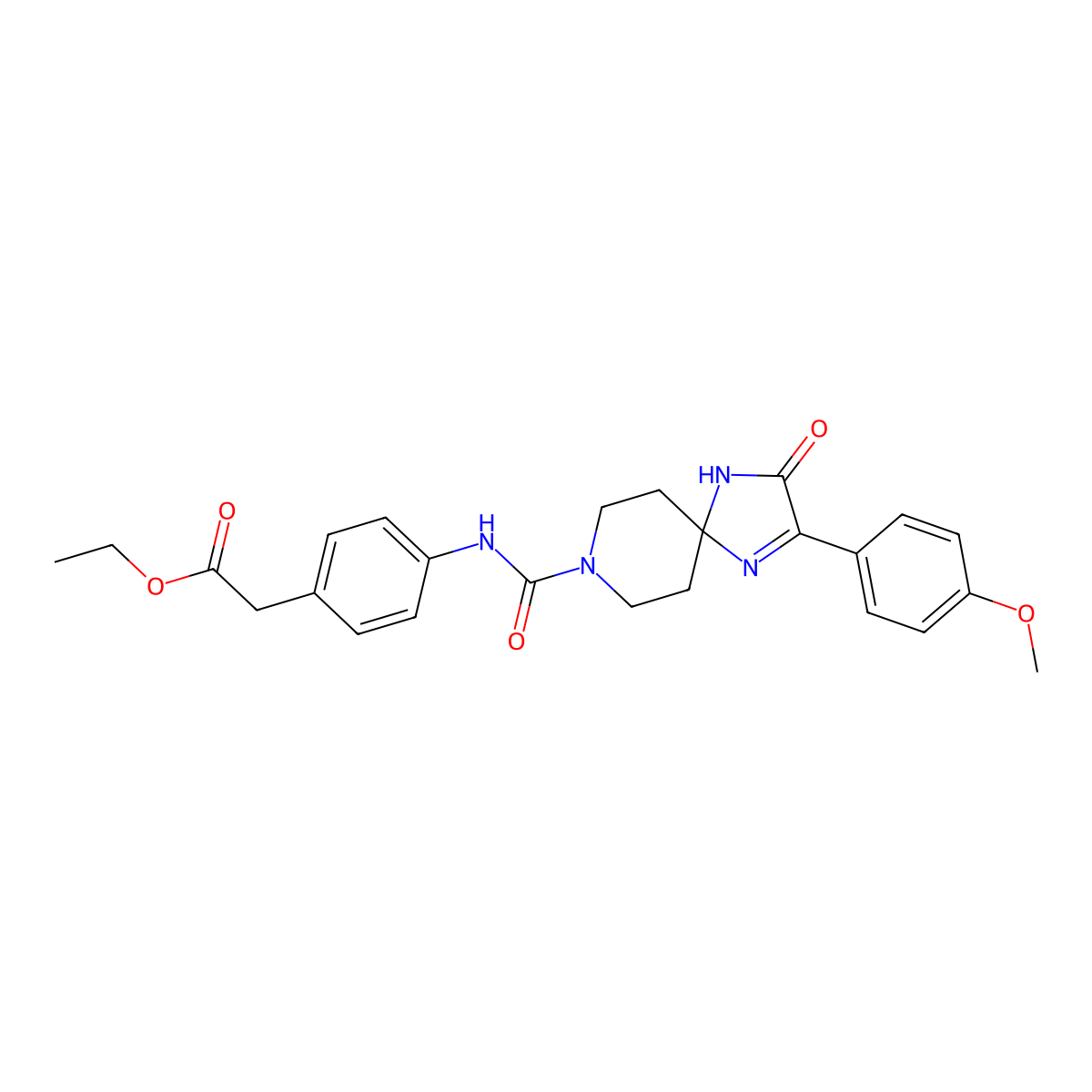 Ethyl 2-(4-(2-(4-methoxyphenyl)-3-oxo-1,4,8-triazaspiro[4.5]dec-1-ene-8-carboxamido)phenyl)acetate molecular structure, CAS 1189683-46-2