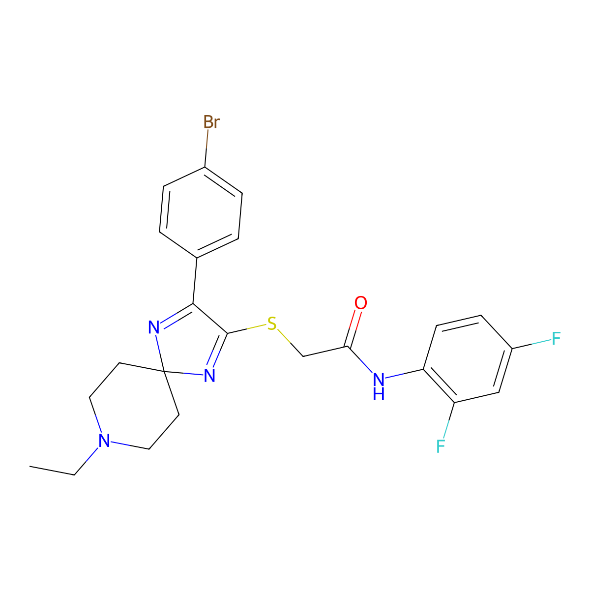 2-((3-(4-bromophenyl)-8-ethyl-1,4,8-triazaspiro[4.5]deca-1,3-dien-2-yl)thio)-N-(2,4-difluorophenyl)acetamide molecular structure, CAS 1189684-29-4