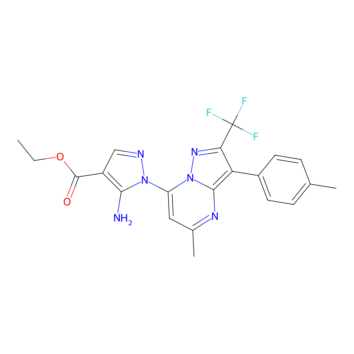 ethyl 5-amino-1-[5-methyl-3-(4-methylphenyl)-2-(trifluoromethyl)pyrazolo[1,5-a]pyrimidin-7-yl]-1H-pyrazole-4-carboxylate molecular structure, CAS 1189685-73-1