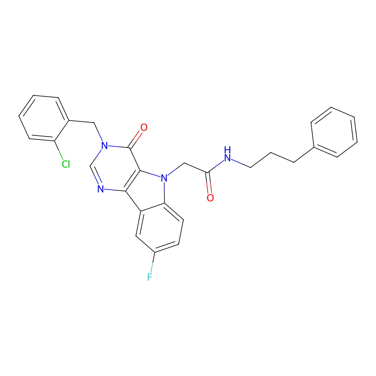 2-(3-(2-chlorobenzyl)-8-fluoro-4-oxo-3H-pyrimido[5,4-b]indol-5(4H)-yl)-N-(3-phenylpropyl)acetamide molecular structure, CAS 1189686-81-4