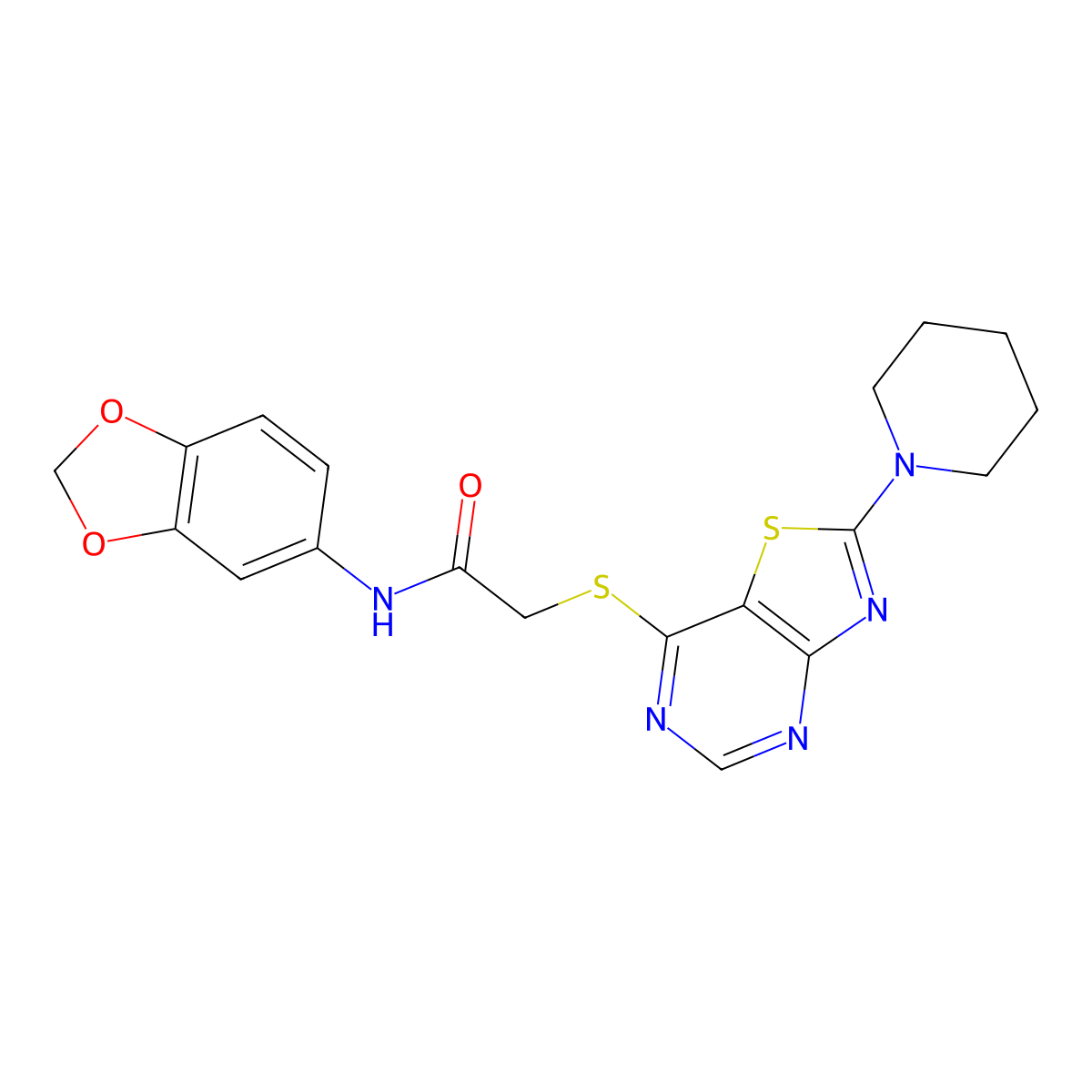 N-(benzo[d][1,3]dioxol-5-yl)-2-((2-(piperidin-1-yl)thiazolo[4,5-d]pyrimidin-7-yl)thio)acetamide molecular structure, CAS 1189688-07-0