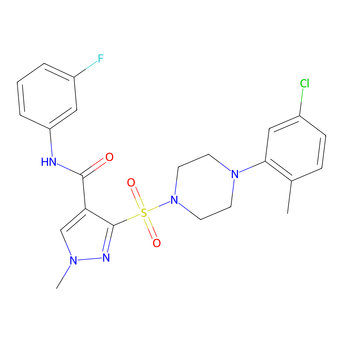 3-{[4-(5-chloro-2-methylphenyl)piperazin-1-yl]sulfonyl}-N-(3-fluorophenyl)-1-methyl-1H-pyrazole-4-carboxamide molecular structure, CAS 1189688-45-6