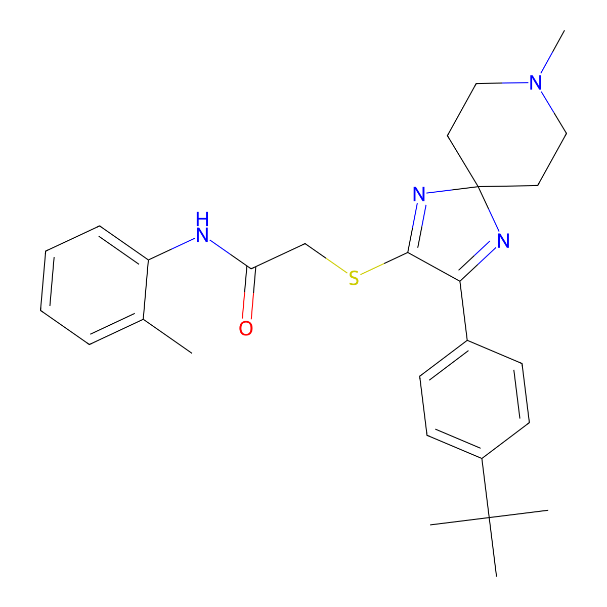 2-{[3-(4-tert-butylphenyl)-8-methyl-1,4,8-triazaspiro[4.5]deca-1,3-dien-2-yl]sulfanyl}-N-(2-methylphenyl)acetamide molecular structure, CAS 1189690-40-1