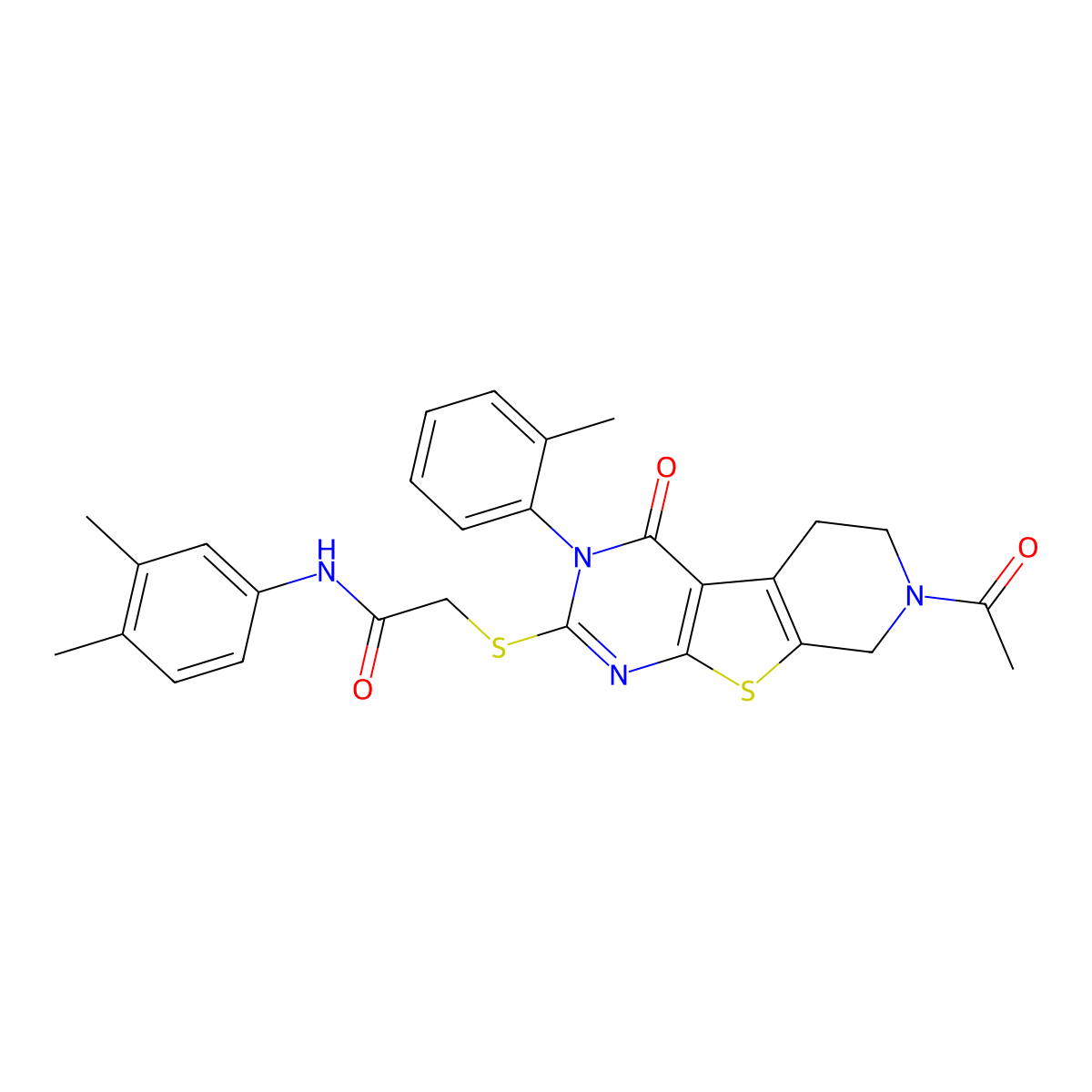 2-{[11-acetyl-4-(2-methylphenyl)-3-oxo-8-thia-4,6,11-triazatricyclo[7.4.0.0^{2,7}]trideca-1(9),2(7),5-trien-5-yl]sulfanyl}-N-(3,4-dimethylphenyl)acetamide molecular structure, CAS 1189691-40-4