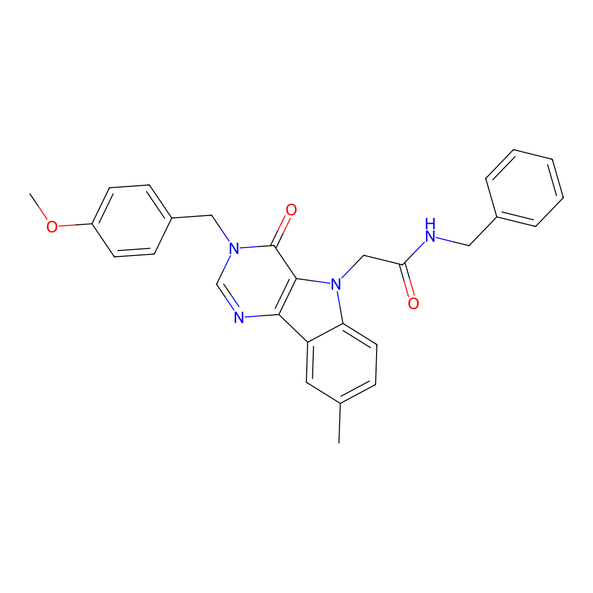 N-benzyl-2-(3-(4-methoxybenzyl)-8-methyl-4-oxo-3H-pyrimido[5,4-b]indol-5(4H)-yl)acetamide molecular structure, CAS 1189691-42-6