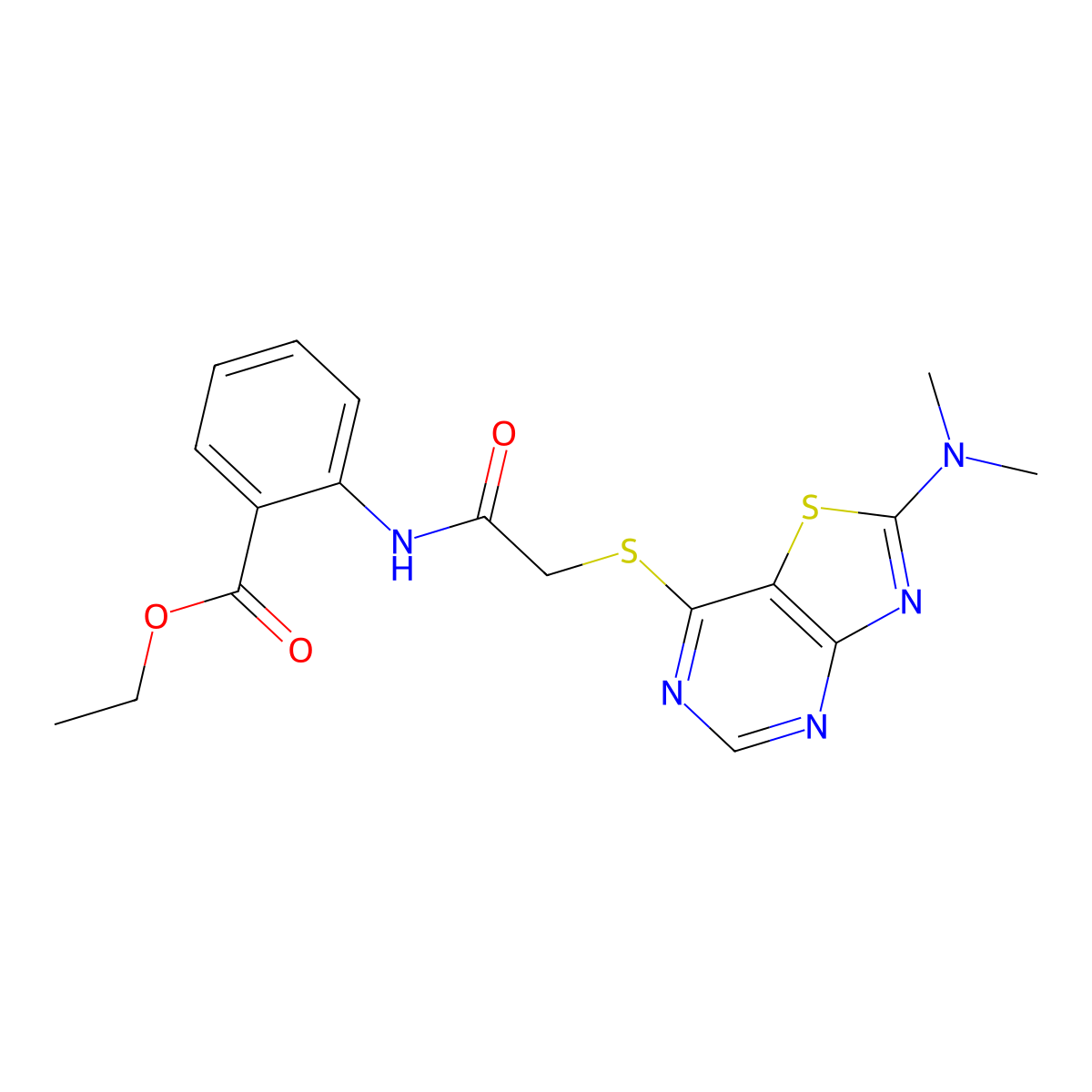 Ethyl 2-(2-((2-(dimethylamino)thiazolo[4,5-d]pyrimidin-7-yl)thio)acetamido)benzoate molecular structure, CAS 1189693-42-2