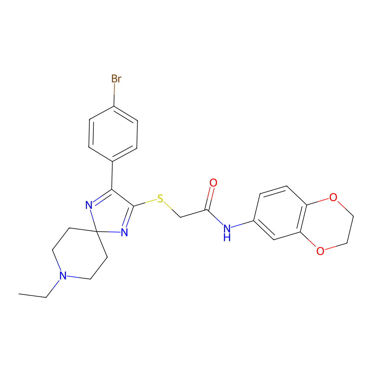 2-((3-(4-bromophenyl)-8-ethyl-1,4,8-triazaspiro[4.5]deca-1,3-dien-2-yl)thio)-N-(2,3-dihydrobenzo[b][1,4]dioxin-6-yl)acetamide molecular structure, CAS 1189694-60-7