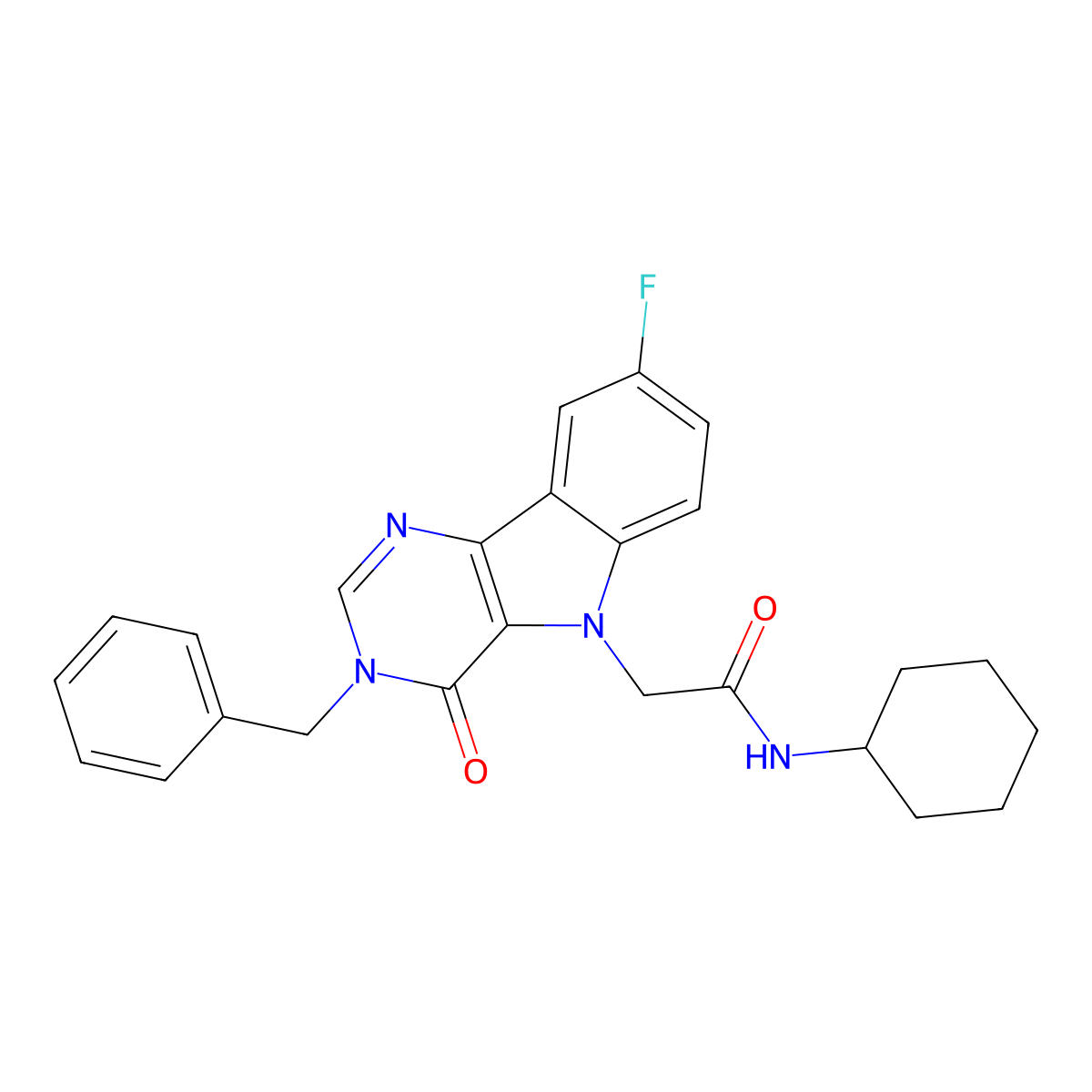 2-(3-benzyl-8-fluoro-4-oxo-3H-pyrimido[5,4-b]indol-5(4H)-yl)-N-cyclohexylacetamide molecular structure, CAS 1189694-85-6