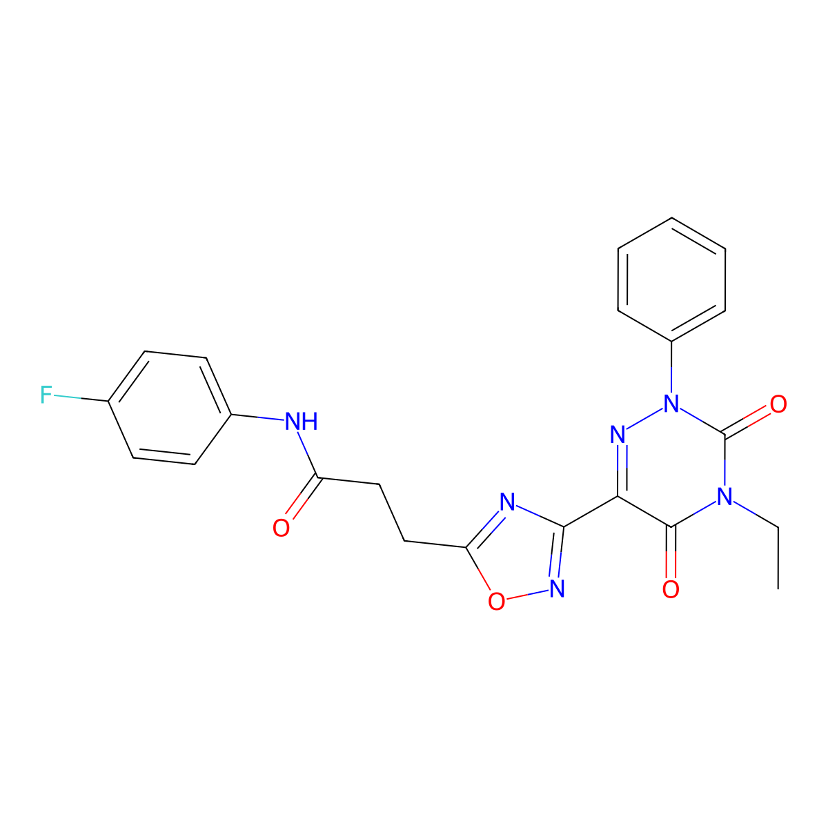 3-[3-(4-ethyl-3,5-dioxo-2-phenyl-2,3,4,5-tetrahydro-1,2,4-triazin-6-yl)-1,2,4-oxadiazol-5-yl]-N-(4-fluorophenyl)propanamide molecular structure, CAS 1189695-40-6