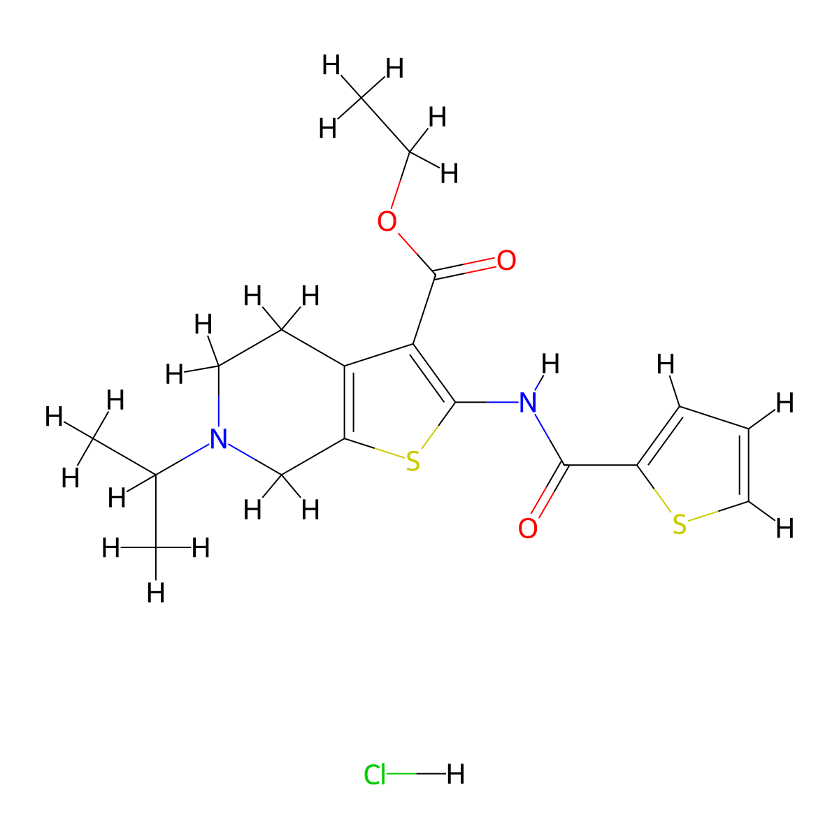 Ethyl 6-isopropyl-2-(thiophene-2-carboxamido)-4,5,6,7-tetrahydrothieno[2,3-c]pyridine-3-carboxylate hydrochloride molecular structure, CAS 1189696-12-5
