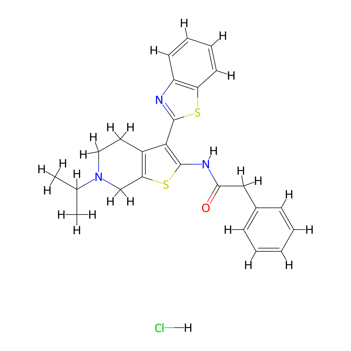 N-(3-(benzo[d]thiazol-2-yl)-6-isopropyl-4,5,6,7-tetrahydrothieno[2,3-c]pyridin-2-yl)-2-phenylacetamide hydrochloride molecular structure, CAS 1189696-23-8