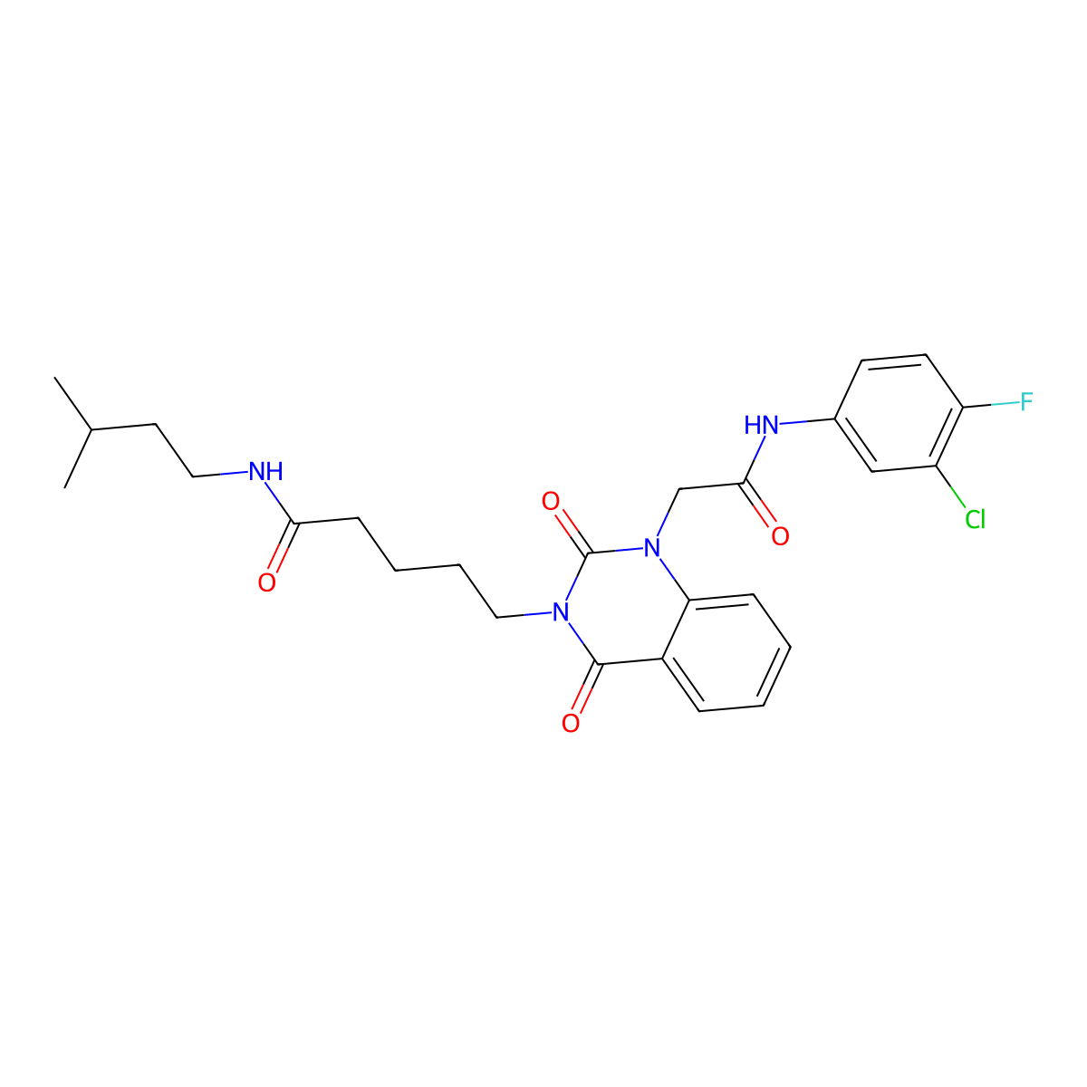 5-(1-(2-((3-chloro-4-fluorophenyl)amino)-2-oxoethyl)-2,4-dioxo-1,2-dihydroquinazolin-3(4H)-yl)-N-isopentylpentanamide molecular structure, CAS 1189696-55-6