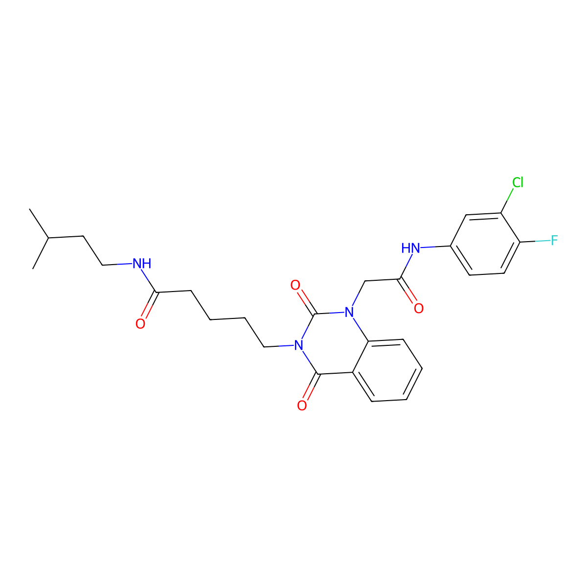 5-(1-(2-((3-chloro-4-fluorophenyl)amino)-2-oxoethyl)-2,4-dioxo-1,2-dihydroquinazolin-3(4H)-yl)-N-isopentylpentanamide molecular structure, CAS 1189696-55-6