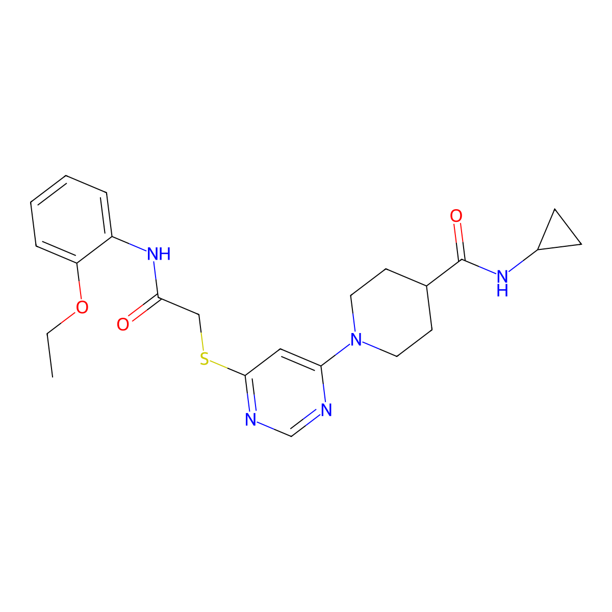 N-cyclopropyl-1-[6-({[(2-ethoxyphenyl)carbamoyl]methyl}sulfanyl)pyrimidin-4-yl]piperidine-4-carboxamide molecular structure, CAS 1189697-98-0