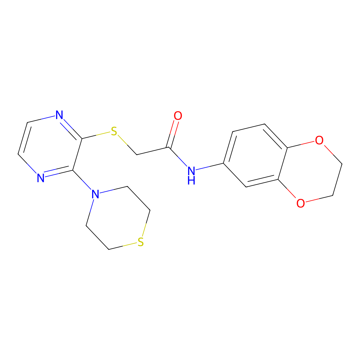 N-(2,3-dihydro-1,4-benzodioxin-6-yl)-2-{[3-(thiomorpholin-4-yl)pyrazin-2-yl]sulfanyl}acetamide molecular structure, CAS 1189698-99-4
