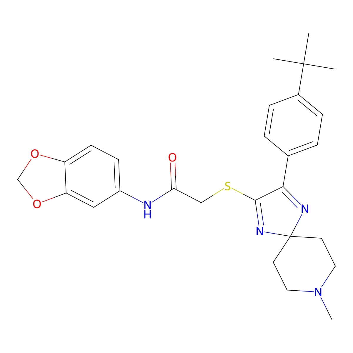 N-(2H-1,3-benzodioxol-5-yl)-2-{[3-(4-tert-butylphenyl)-8-methyl-1,4,8-triazaspiro[4.5]deca-1,3-dien-2-yl]sulfanyl}acetamide molecular structure, CAS 1189700-07-9