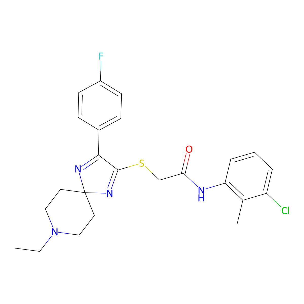 N-(3-chloro-2-methylphenyl)-2-((8-ethyl-3-(4-fluorophenyl)-1,4,8-triazaspiro[4.5]deca-1,3-dien-2-yl)thio)acetamide molecular structure, CAS 1189702-04-2