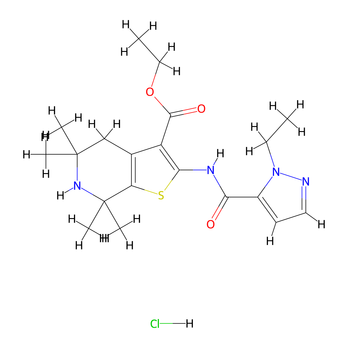ethyl 2-(1-ethyl-1H-pyrazole-5-carboxamido)-5,5,7,7-tetramethyl-4,5,6,7-tetrahydrothieno[2,3-c]pyridine-3-carboxylate hydrochloride molecular structure, CAS 1189702-91-7