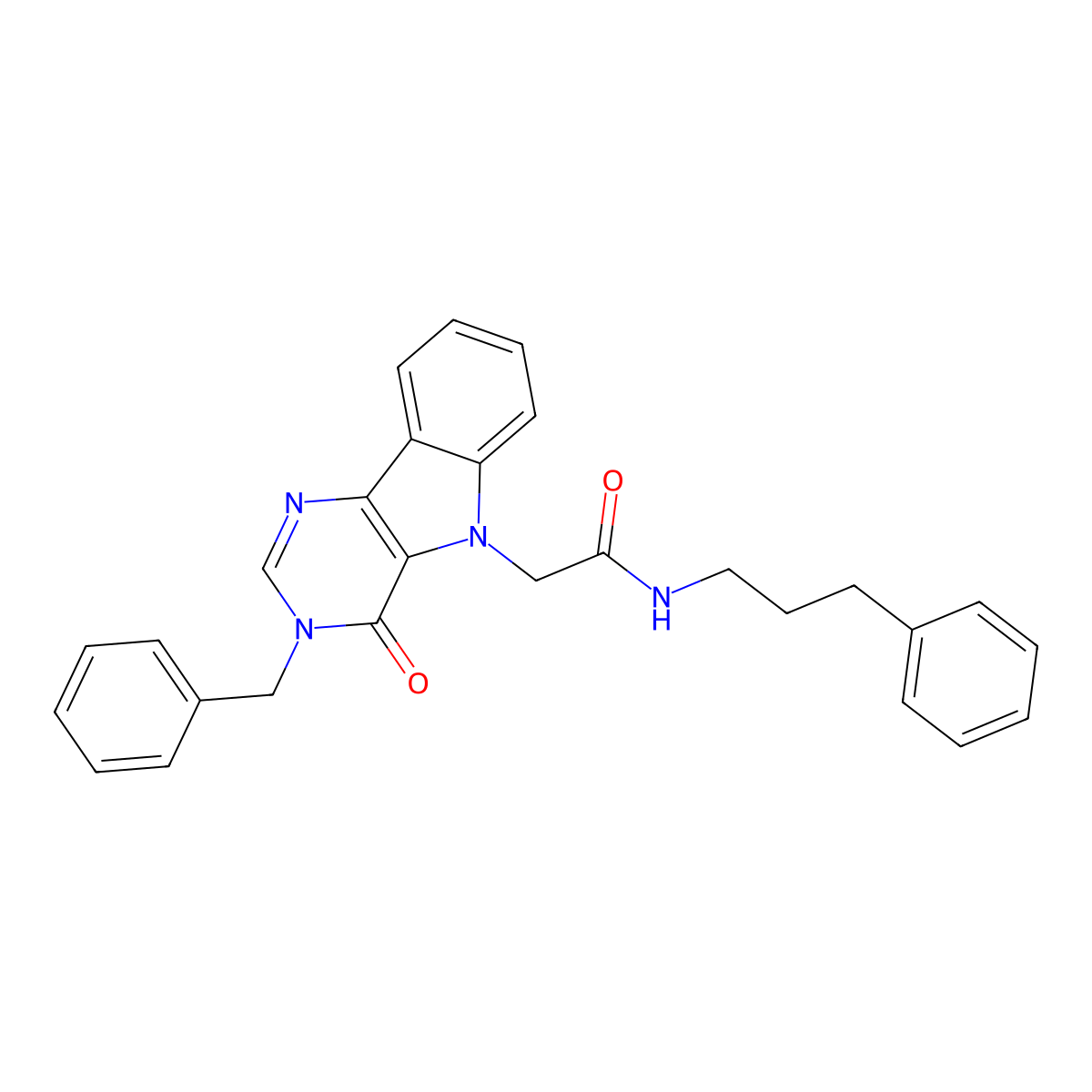 2-(3-benzyl-4-oxo-3,4-dihydro-5H-pyrimido[5,4-b]indol-5-yl)-N-(3-phenylpropyl)acetamide molecular structure, CAS 1189703-24-9