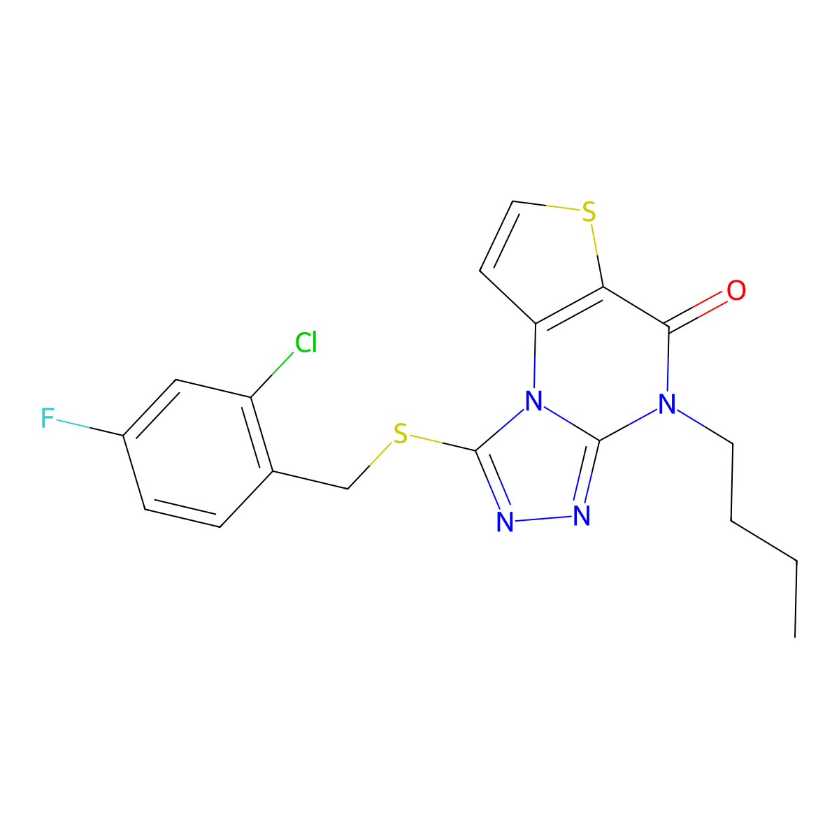 4-butyl-1-((2-chloro-4-fluorobenzyl)thio)thieno[2,3-e][1,2,4]triazolo[4,3-a]pyrimidin-5(4H)-one molecular structure, CAS 1189704-55-9