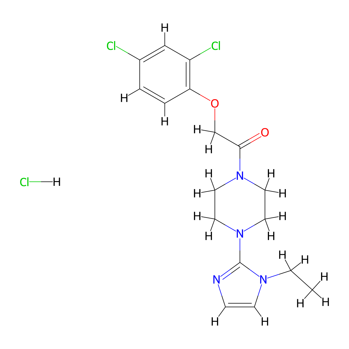 2-(2,4-dichlorophenoxy)-1-(4-(1-ethyl-1H-imidazol-2-yl)piperazin-1-yl)ethanone hydrochloride molecular structure, CAS 1189704-87-7