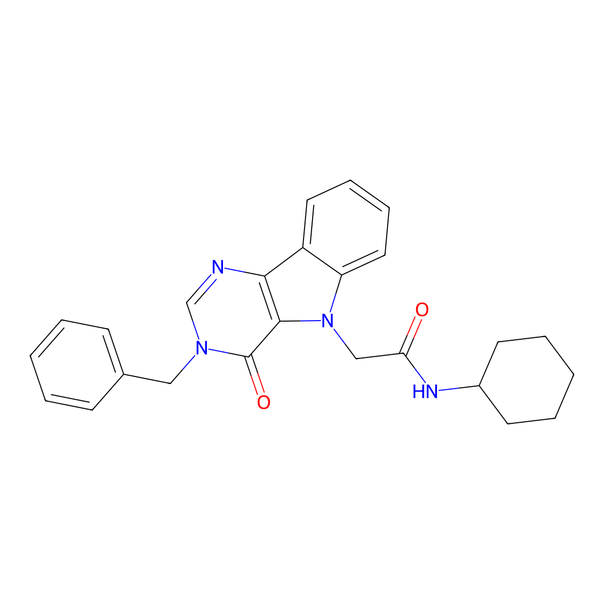 2-(3-benzyl-4-oxo-3,4-dihydro-5H-pyrimido[5,4-b]indol-5-yl)-N-cyclohexylacetamide molecular structure, CAS 1189705-11-0