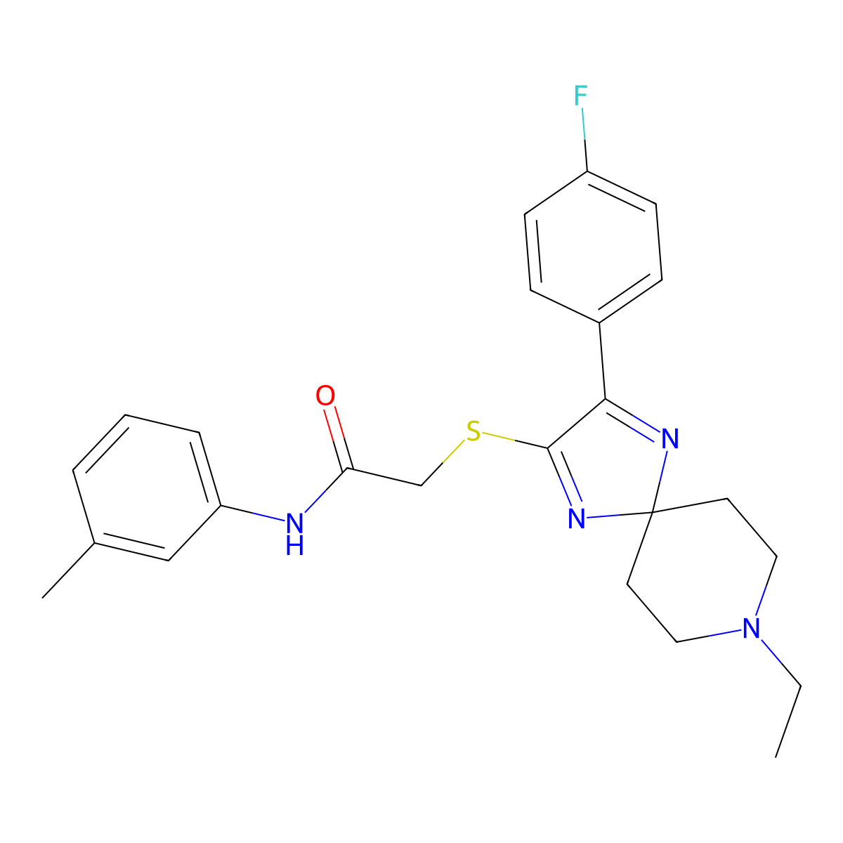 2-((8-ethyl-3-(4-fluorophenyl)-1,4,8-triazaspiro[4.5]deca-1,3-dien-2-yl)thio)-N-(m-tolyl)acetamide molecular structure, CAS 1189706-39-5
