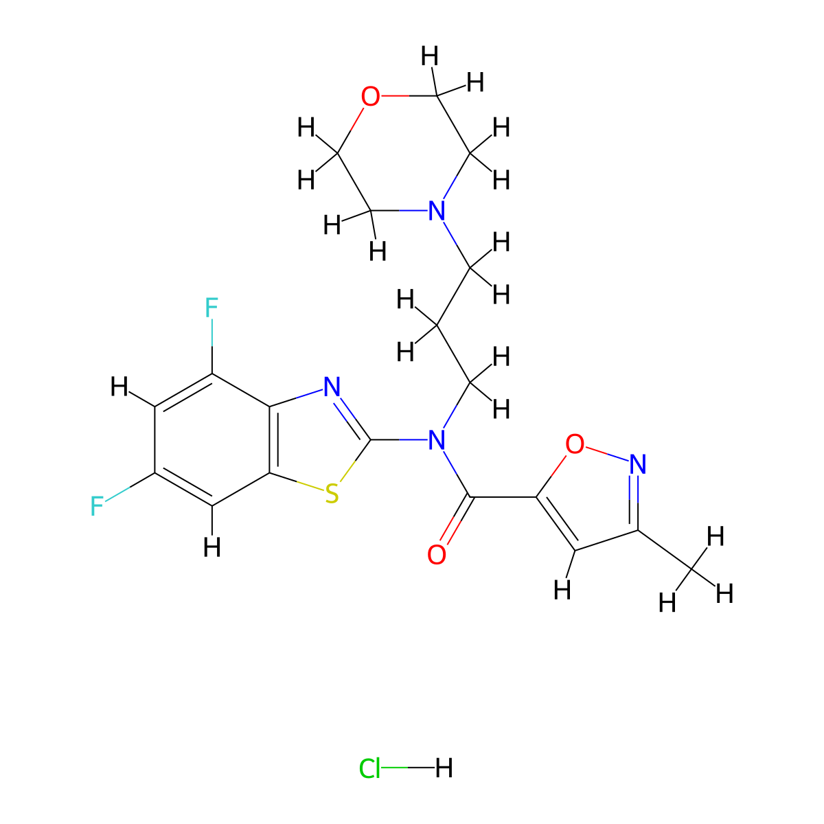 N-(4,6-difluorobenzo[d]thiazol-2-yl)-3-methyl-N-(3-morpholinopropyl)isoxazole-5-carboxamide hydrochloride molecular structure, CAS 1189707-10-5