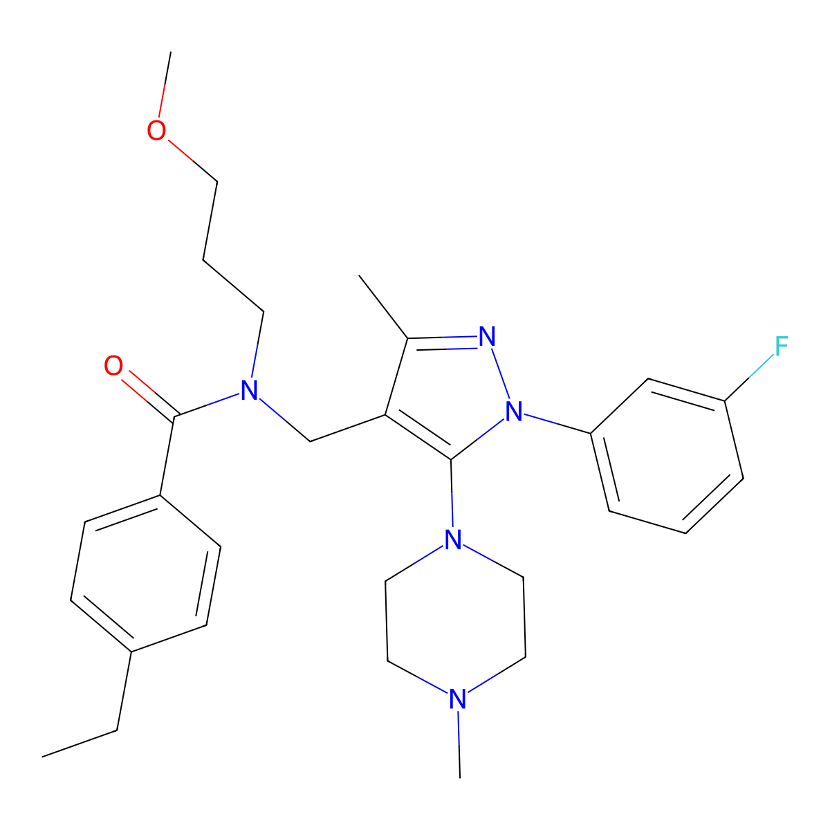4-ethyl-N~1~-{[1-(3-fluorophenyl)-3-methyl-5-(4-methylpiperazino)-1H-pyrazol-4-yl]methyl}-N~1~-(3-methoxypropyl)benzamide molecular structure, CAS 1189708-85-7