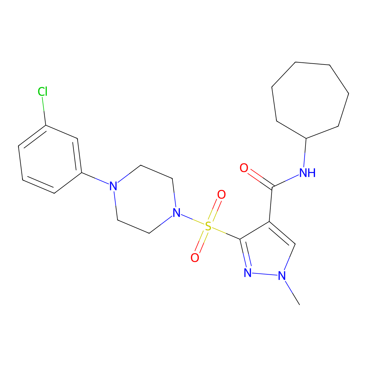 3-((4-(3-chlorophenyl)piperazin-1-yl)sulfonyl)-N-cycloheptyl-1-methyl-1H-pyrazole-4-carboxamide molecular structure, CAS 1189711-04-3