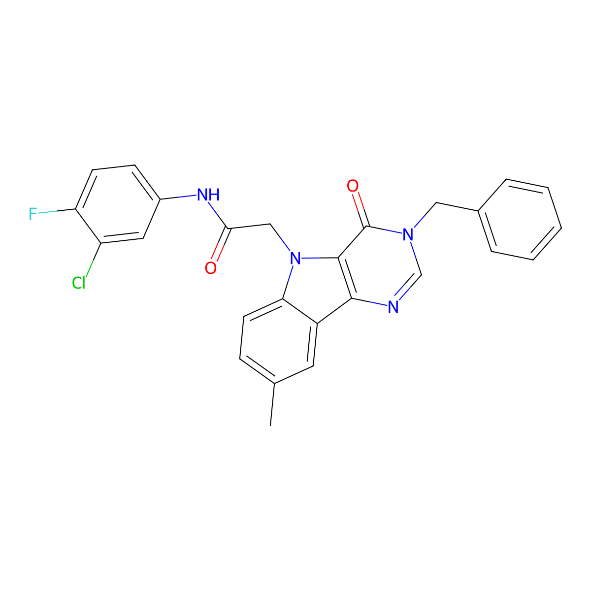 2-(3-benzyl-8-methyl-4-oxo-3H-pyrimido[5,4-b]indol-5(4H)-yl)-N-(3-chloro-4-fluorophenyl)acetamide molecular structure, CAS 1189711-25-8