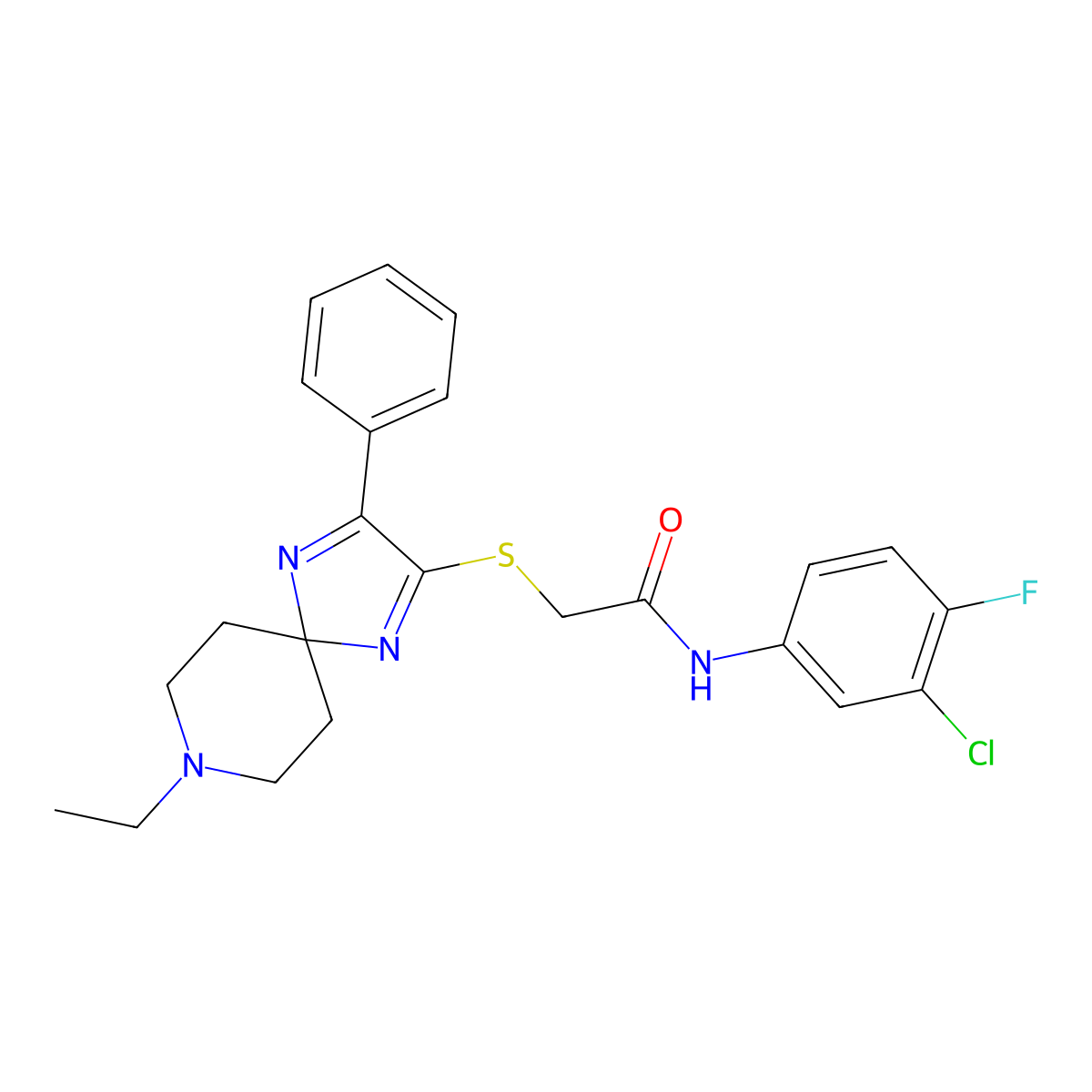 N-(3-chloro-4-fluorophenyl)-2-((8-ethyl-3-phenyl-1,4,8-triazaspiro[4.5]deca-1,3-dien-2-yl)thio)acetamide molecular structure, CAS 1189713-49-2