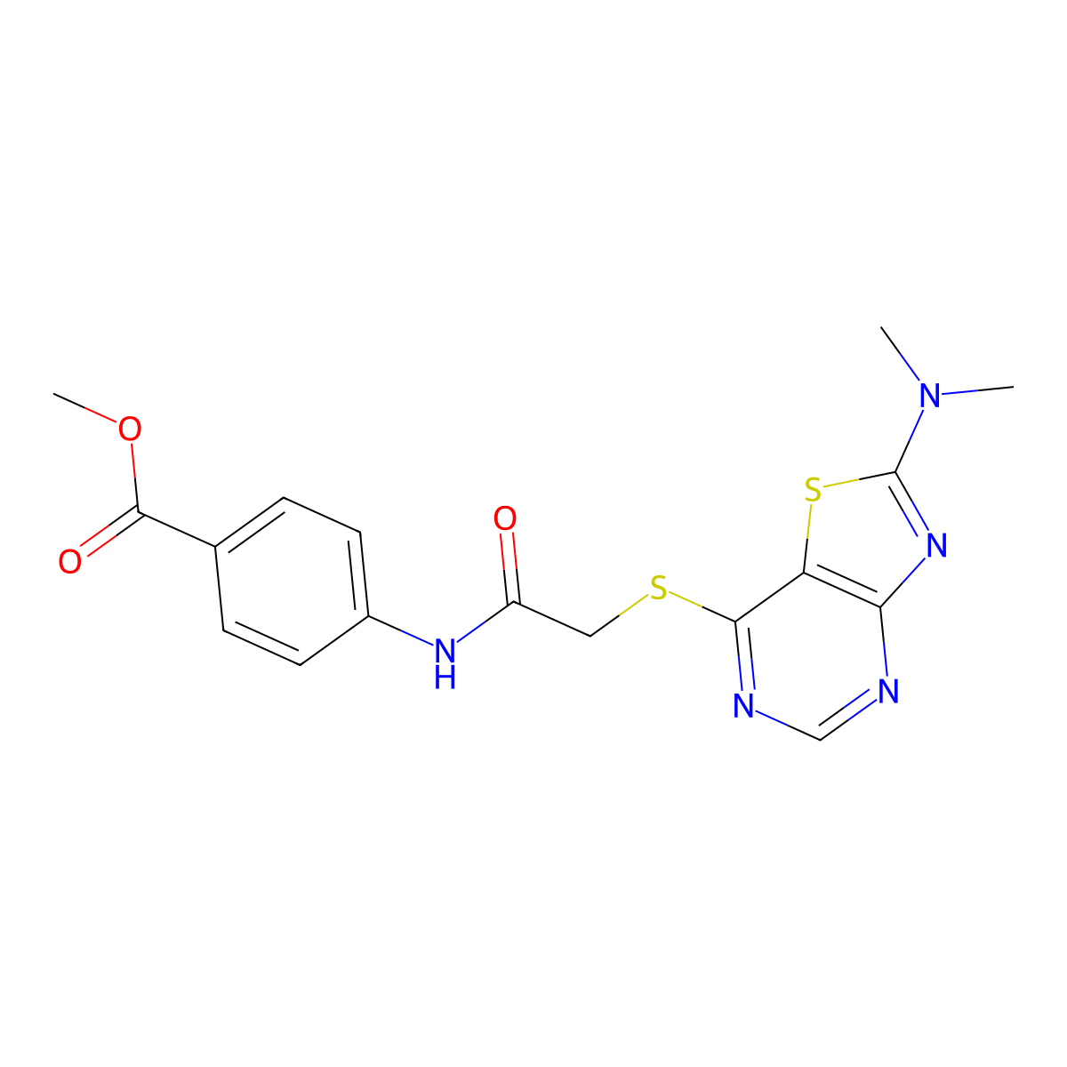 Methyl 4-(2-((2-(dimethylamino)thiazolo[4,5-d]pyrimidin-7-yl)thio)acetamido)benzoate molecular structure, CAS 1189714-72-4