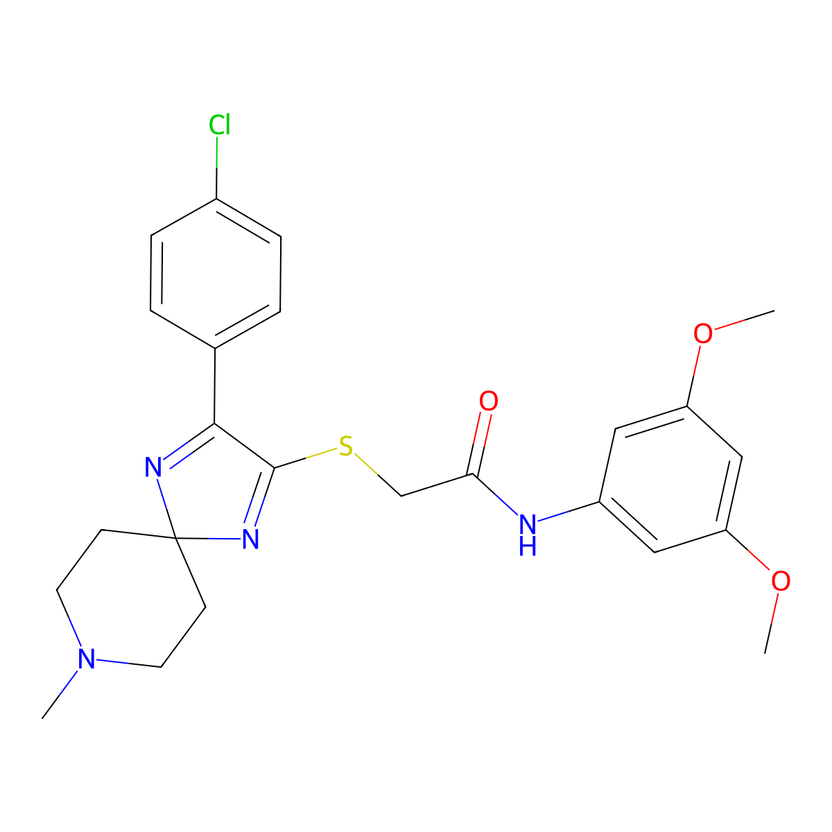 2-((3-(4-chlorophenyl)-8-methyl-1,4,8-triazaspiro[4.5]deca-1,3-dien-2-yl)thio)-N-(3,5-dimethoxyphenyl)acetamide molecular structure, CAS 1189719-79-6