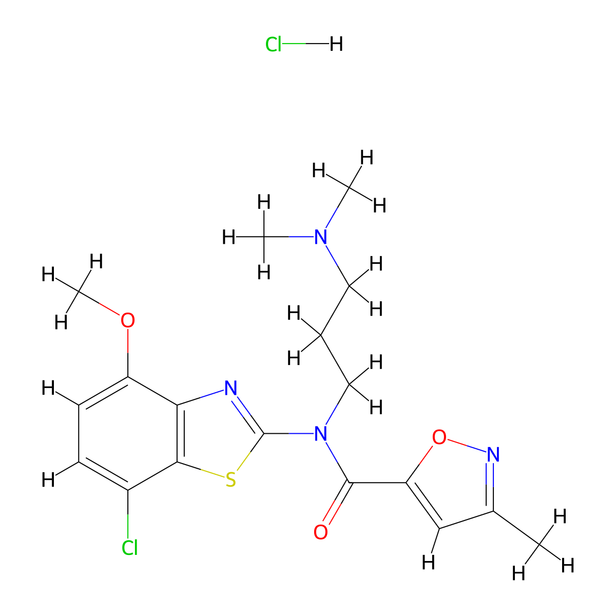 N-(7-chloro-4-methoxybenzo[d]thiazol-2-yl)-N-(3-(dimethylamino)propyl)-3-methylisoxazole-5-carboxamide hydrochloride molecular structure, CAS 1189719-91-2