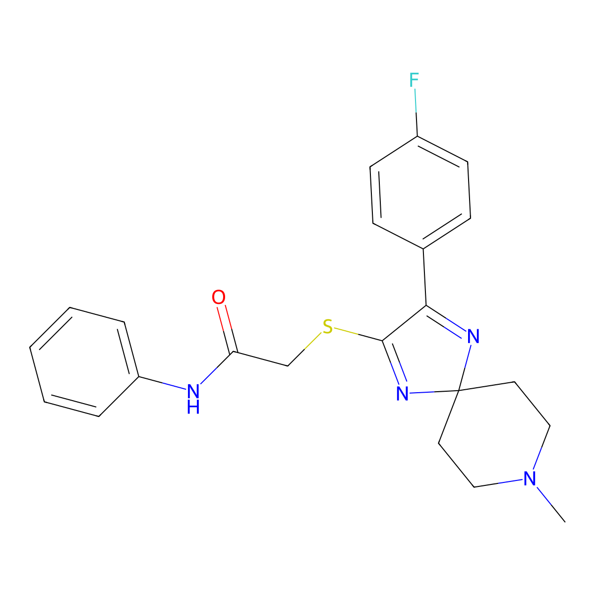 2-((3-(4-fluorophenyl)-8-methyl-1,4,8-triazaspiro[4.5]deca-1,3-dien-2-yl)thio)-N-phenylacetamide molecular structure, CAS 1189720-70-4