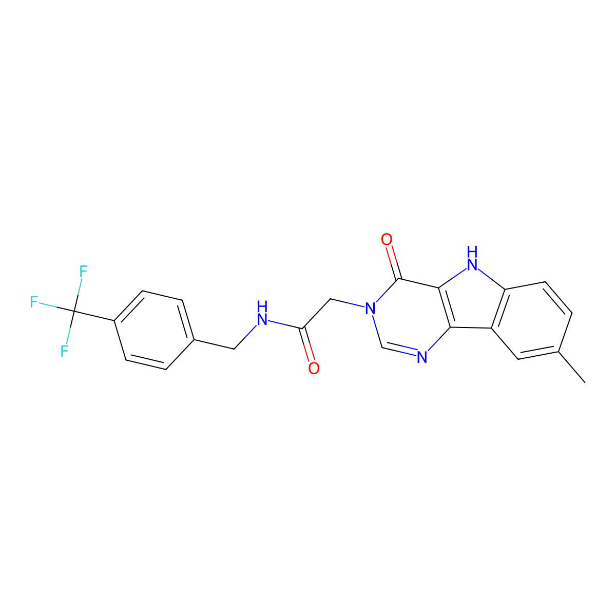2-(8-methyl-4-oxo-4,5-dihydro-3H-pyrimido[5,4-b]indol-3-yl)-N-(4-(trifluoromethyl)benzyl)acetamide molecular structure, CAS 1189720-94-2