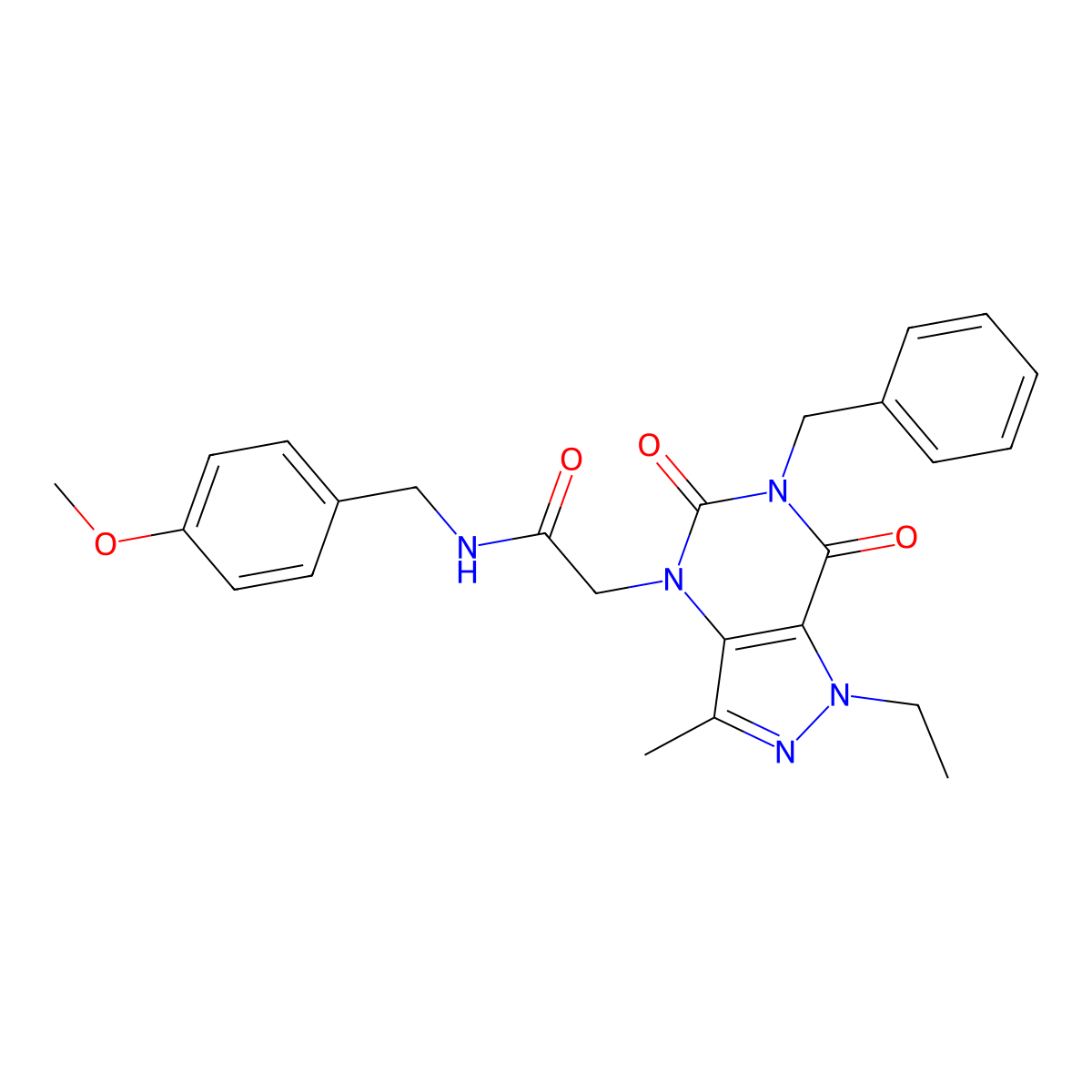 2-{6-benzyl-1-ethyl-3-methyl-5,7-dioxo-1H,4H,5H,6H,7H-pyrazolo[4,3-d]pyrimidin-4-yl}-N-[(4-methoxyphenyl)methyl]acetamide molecular structure, CAS 1189721-95-6