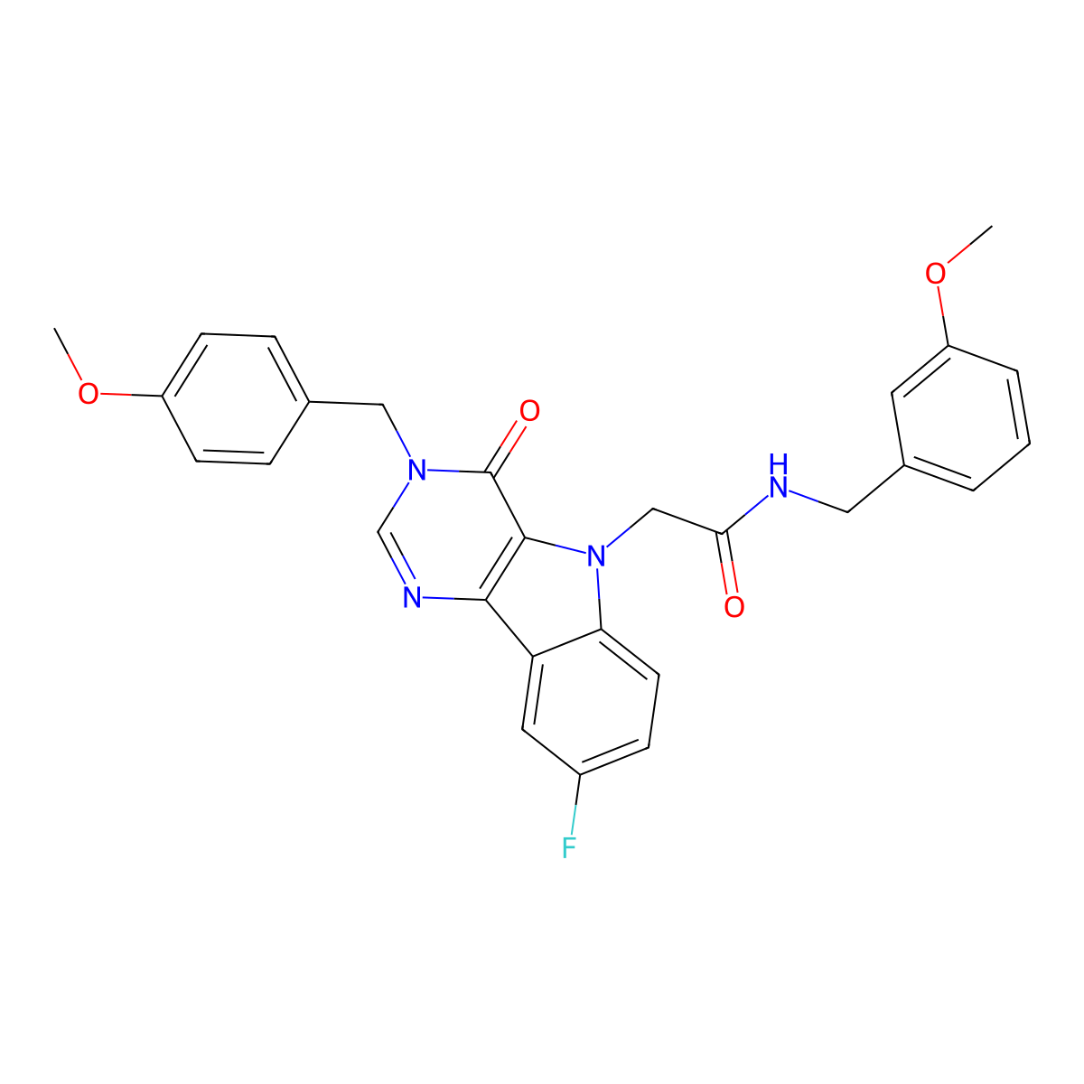 2-(8-fluoro-3-(4-methoxybenzyl)-4-oxo-3H-pyrimido[5,4-b]indol-5(4H)-yl)-N-(3-methoxybenzyl)acetamide molecular structure, CAS 1189723-82-7