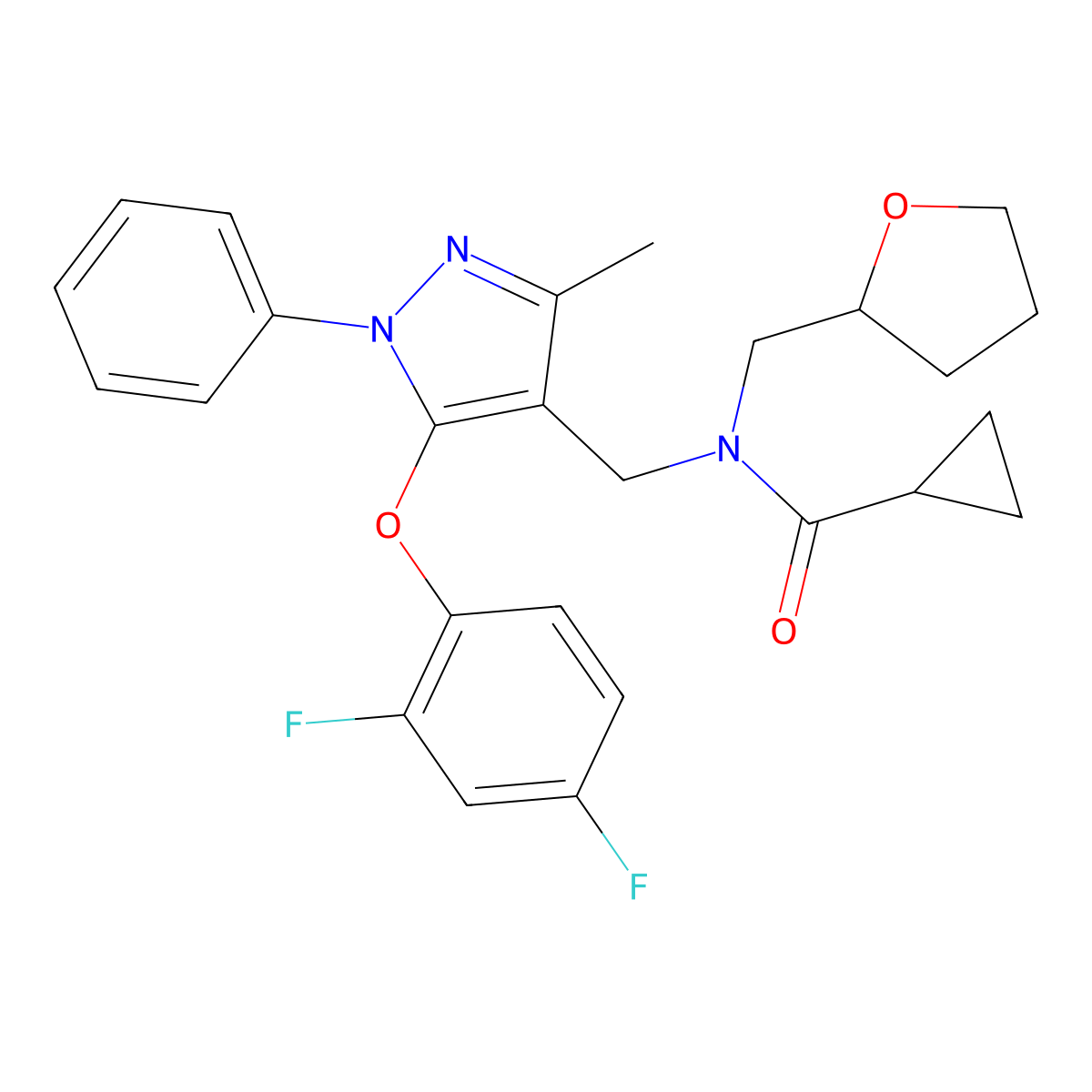 N~1~-{[5-(2,4-difluorophenoxy)-3-methyl-1-phenyl-1H-pyrazol-4-yl]methyl}-N~1~-(tetrahydro-2-furanylmethyl)-1-cyclopropanecarboxamide molecular structure, CAS 1189724-37-5