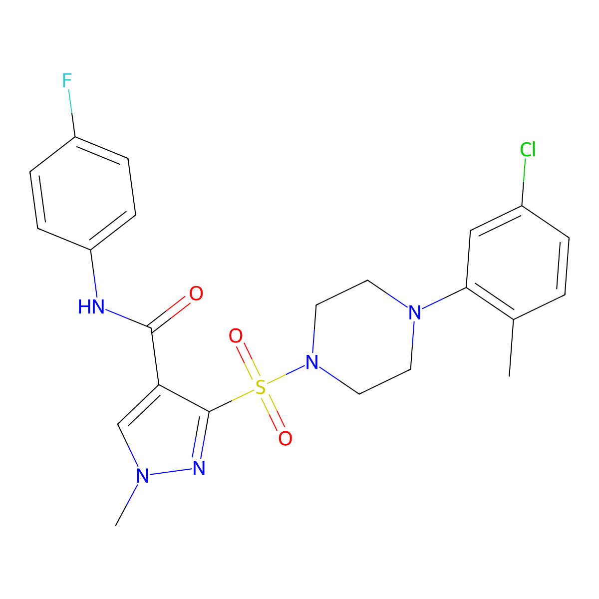 3-{[4-(5-chloro-2-methylphenyl)piperazin-1-yl]sulfonyl}-N-(4-fluorophenyl)-1-methyl-1H-pyrazole-4-carboxamide molecular structure, CAS 1189724-47-7