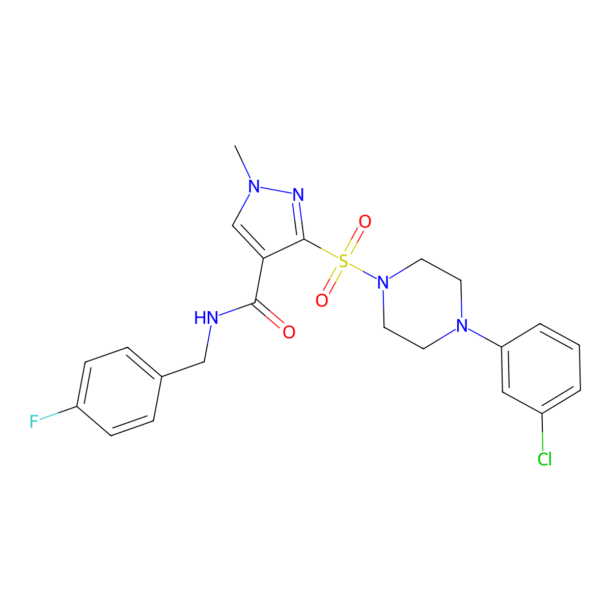 3-{[4-(3-chlorophenyl)piperazin-1-yl]sulfonyl}-N-[(4-fluorophenyl)methyl]-1-methyl-1H-pyrazole-4-carboxamide molecular structure, CAS 1189727-66-9