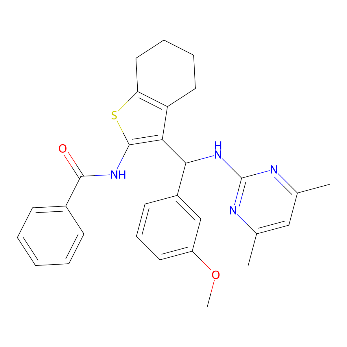 N-{3-[[(4,6-dimethylpyrimidin-2-yl)amino](3-methoxyphenyl)methyl]-4,5,6,7-tetrahydro-1-benzothien-2-yl}benzamide molecular structure, CAS 1189730-35-5